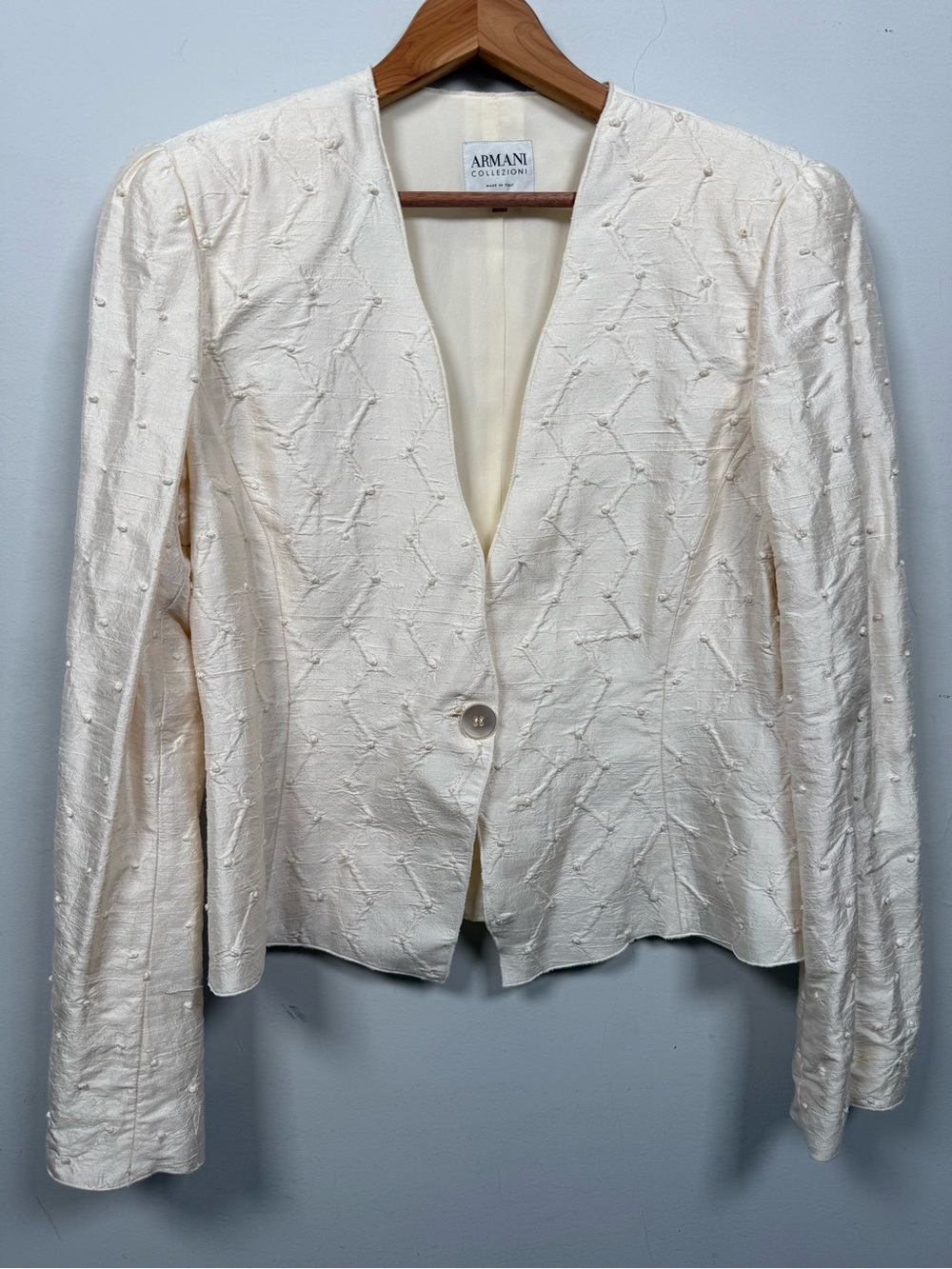 Armani Collezioni 100% Silk Cream Textured V-Neck Blazer Jacket Size 12